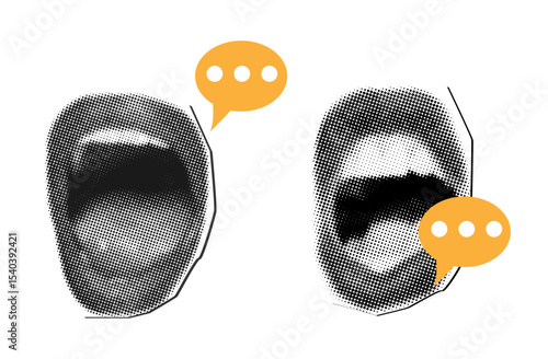 Halftone collage female mouth shouting with speech bubbles