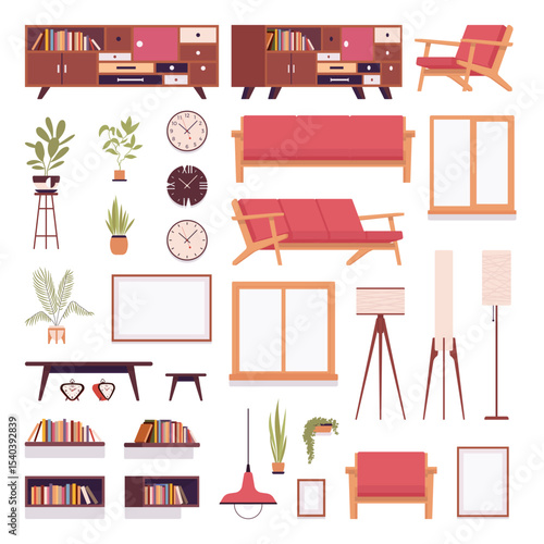 Living room furniture items pleasant and functional interior design. Pleasant functional interior design guide set to make well-designed traditional home zone visual environment. Vector illustration