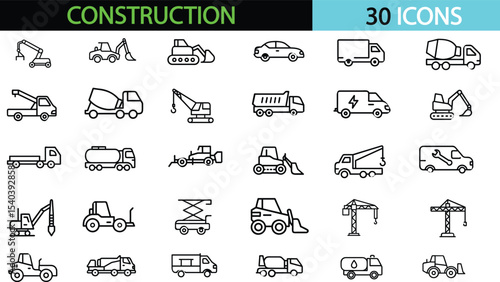 Construction vehicle line icon set. Vector pictograms of bulldozer, loader, grader, paver, roller, lowboy hauler, utility, concrete mixer, vector illustration