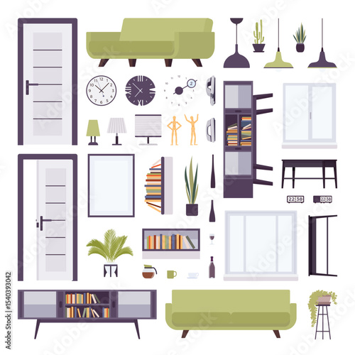 Living room furniture and decorative items objects pack. Creating positive design project, living room inspiration, residential home, commercial office setting, public space. Vector illustration