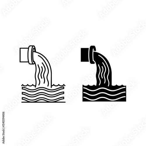 This high-quality vector image features two simple drain icons: a black outline and a solid black silhouette, both showing a pipe, flowing water, and a body of water.
