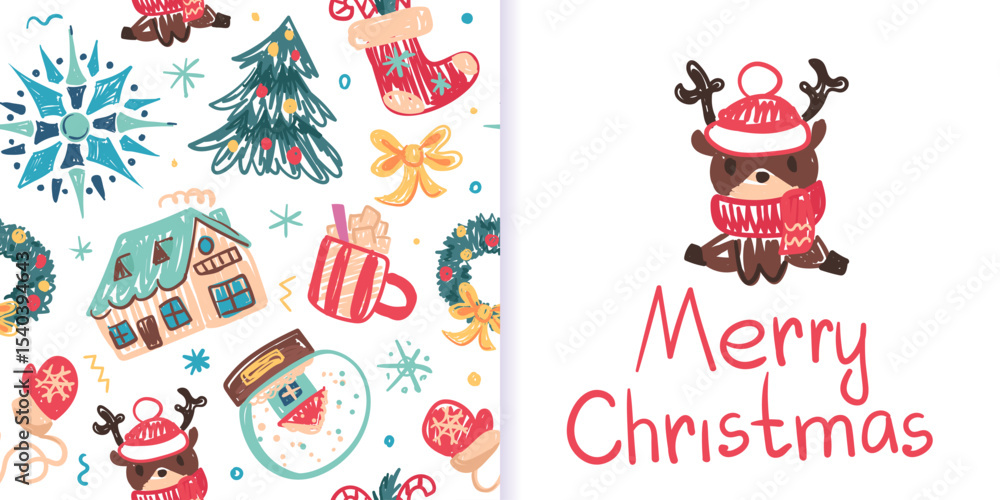 Fototapeta premium Seamless Christmas pattern in childlike crayon style. Print for cloth design, textile, fabric, wallpaper, wrapping paper. Chalk Hand drawn vector kids sketches: houses, trees, animals, gifts, snow
