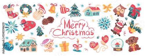Cute Christmas set in crayon kids style. Hand-drawn festive elements: gifts, animals, houses, trees, snowflakes. Childish doodles for stickers, prints, greeting cards. Vector childlike drawings