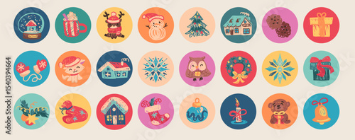 Round Christmas stickers in crayon kids style. Merry Christmas and Happy New Year. Vector illustration, childlike labels with cute characters and elements