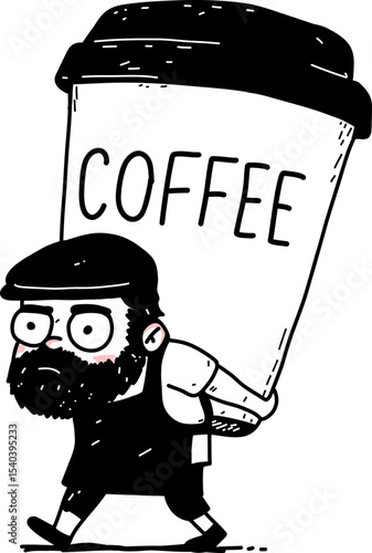 A black and white illustration of a man with a beard carrying a giant coffee cup. Coffee addiction concept for caffeine lovers.