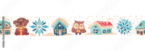 Cute seamless crayon border with Christmas illustrations. Drawings with childish wax crayons. Bear, houses, cute owl, snowflakes. Doodle chalk design for wrapping paper, fabric. Vector drawings