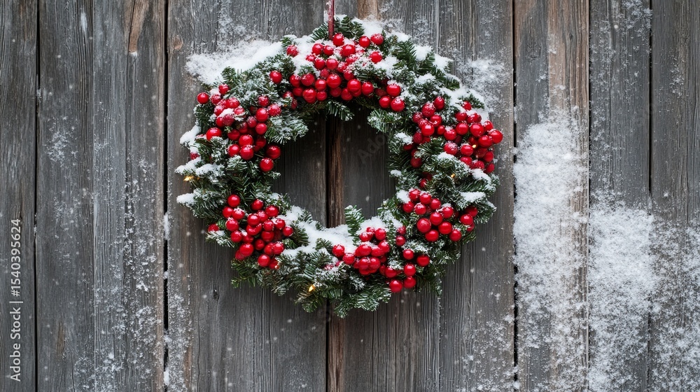 Snowy Christmas wreath hangs on a weathered gray wooden door with holiday cheer. Snowy Christmas wreath hangs on a weathered gray wooden door with holiday cheer.