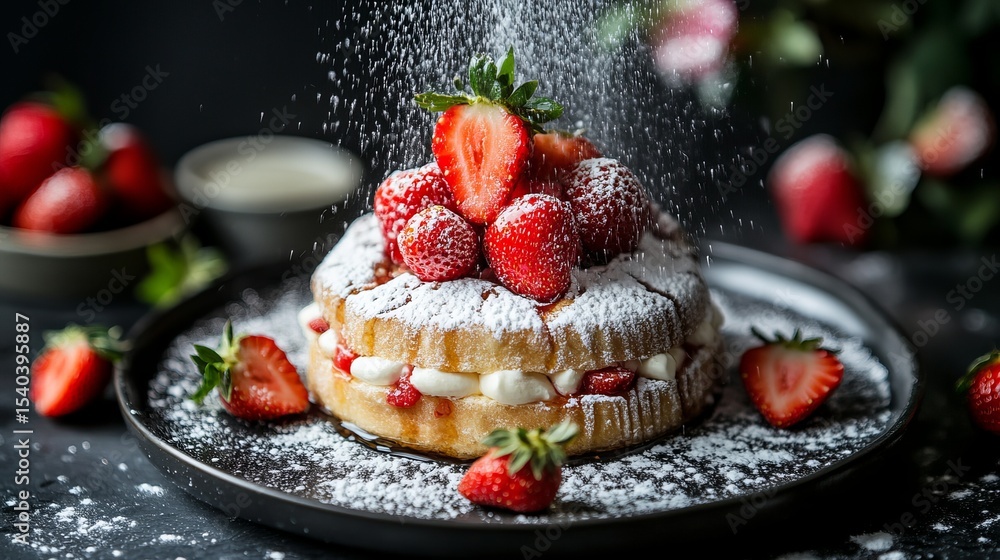 Strawberry shortcake is dusted with powdered sugar on a black plate, surrounded by scattered berries. Strawberry shortcake is dusted with powdered sugar on a black plate, surrounded by scattered berries.