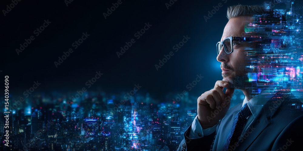 Fototapeta premium A contemplative businessman envisions the future, surrounded by a vibrant, digital landscape.
