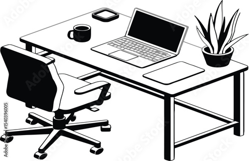 AdobSilhouette vector of an isometric home workspace showing a desk with laptop, coffee mug, office chair, and indoor plant, black outlines on white backgrounde Illustrator Artwork