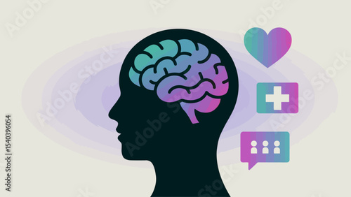 Silhouette vector of a human head with a brain shape inside and surrounding icons like a heart, plus sign, and chat bubble, symbolizing mental health awareness.