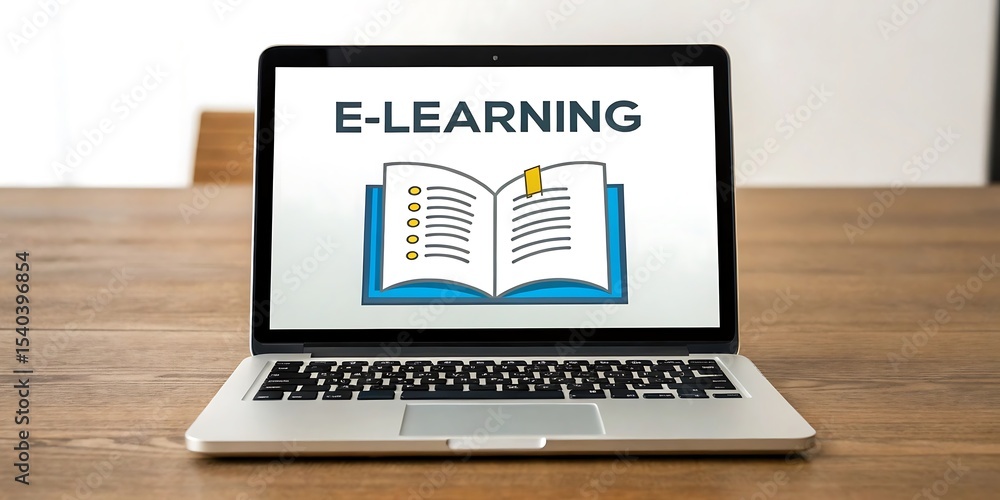 Fototapeta premium Laptop displaying e learning concept with open book icon