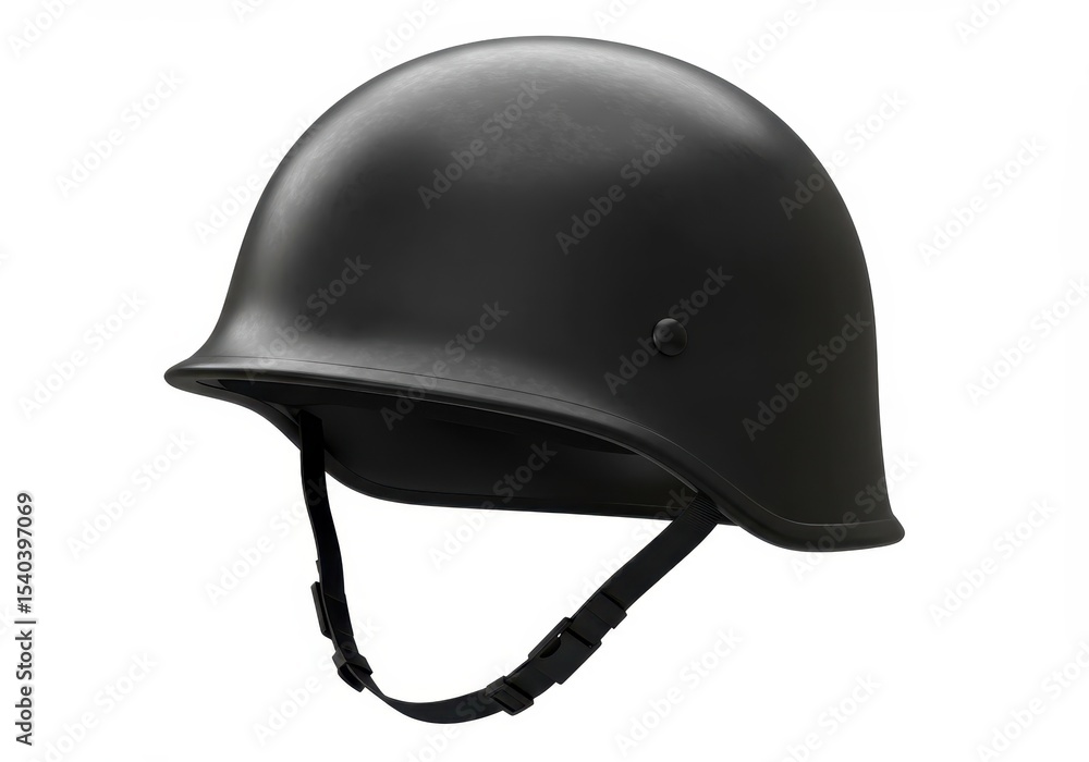 Naklejka premium Black military helmet with chinstrap on a white background, providing head protection