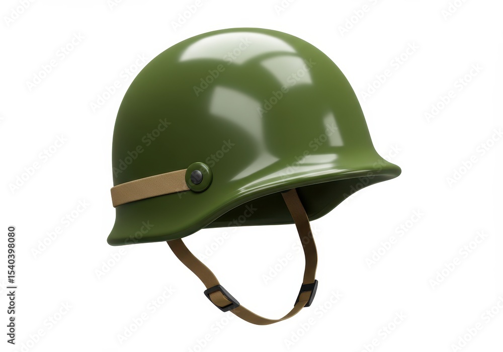 Naklejka premium Isolated green military helmet with adjustable strap on a white background