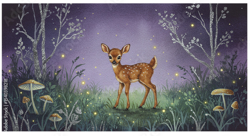 Fawn in Enchanted Forest: Watercolor Illustration