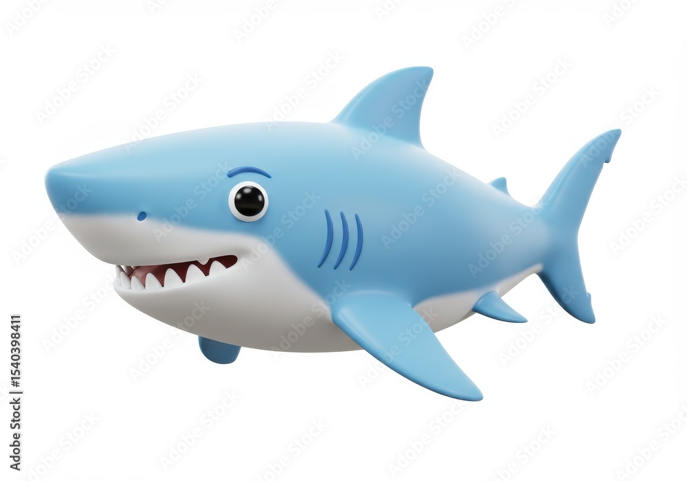 Obraz premium Cartoon shark, light blue with white belly, isolated on white background