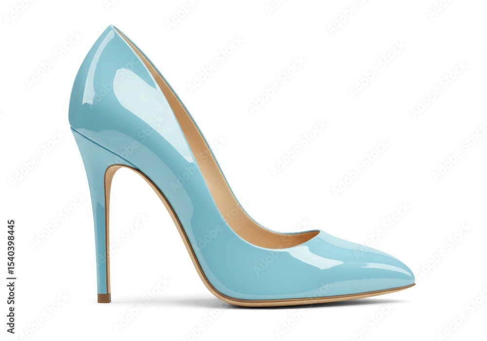 Elegant light blue high heel shoe with a glossy finish on a white background Elegant light blue high heel shoe with a glossy finish on a white background