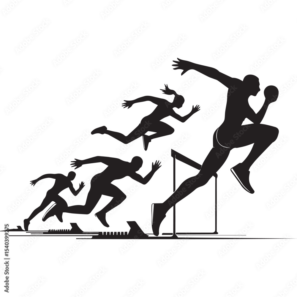 Fototapeta premium Dynamic Silhouettes of Runners Hurdling Obstacles in a Thrilling Race Competition