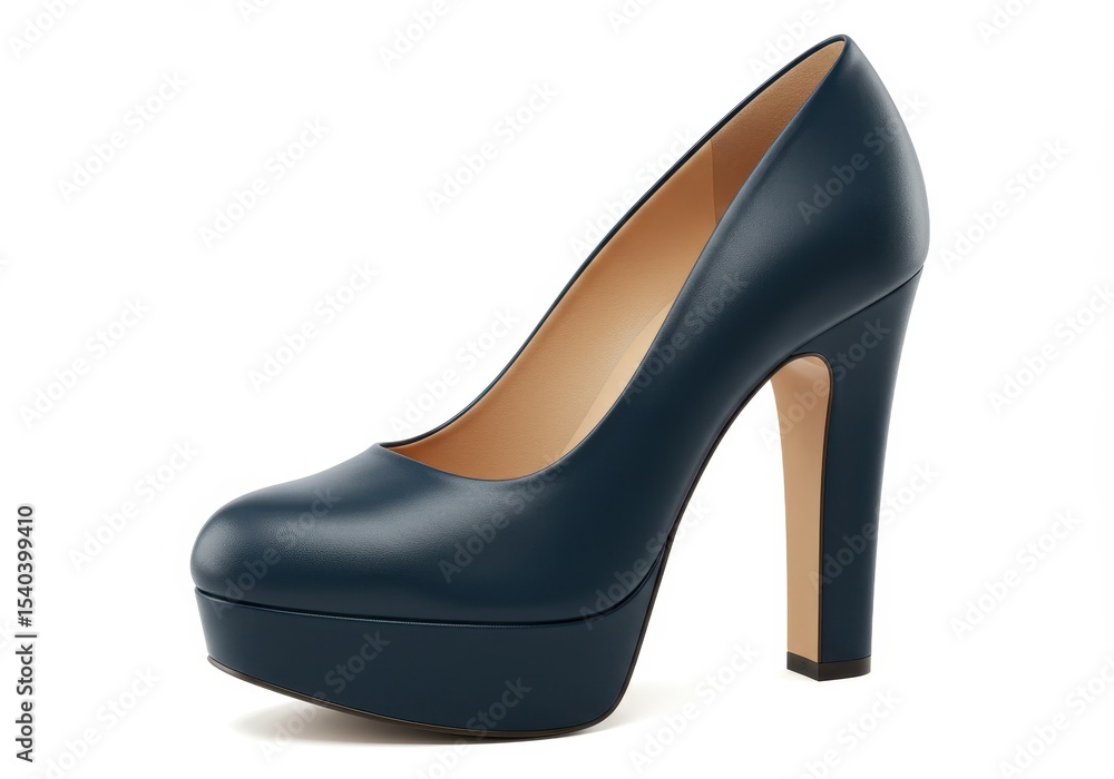 Isolated navy blue leather high heel platform shoe on white background Isolated navy blue leather high heel platform shoe on white background