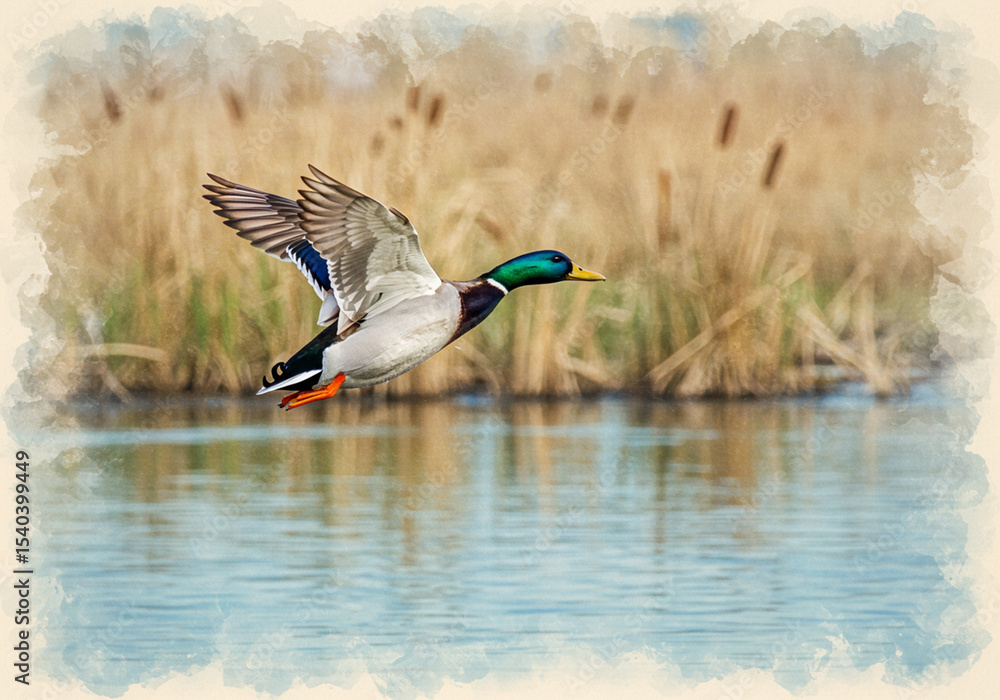 Obraz premium Mallard Duck in Flight Watercolor Painting