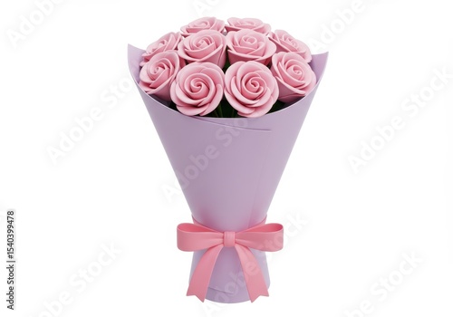 Bouquet of pink roses wrapped in lilac paper with a pink ribbon on white