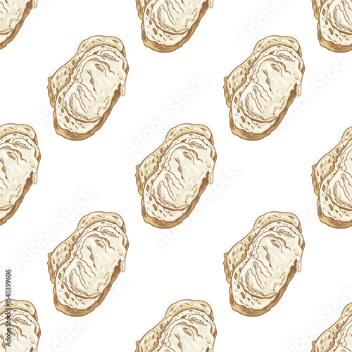 Hand drawn vintage seamless pattern of buttered toast with creamy spread, beige color, isolated vector illustration