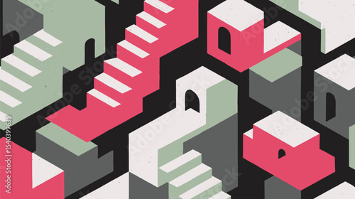 Abstract isometric structures present stairways in creative architectural visualization with grain