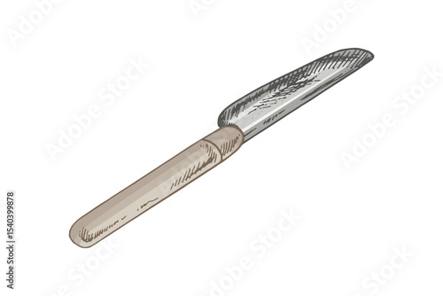Hand drawn vintage sketch of butter spreading knife in color, isolated kitchen utensil illustration on white background