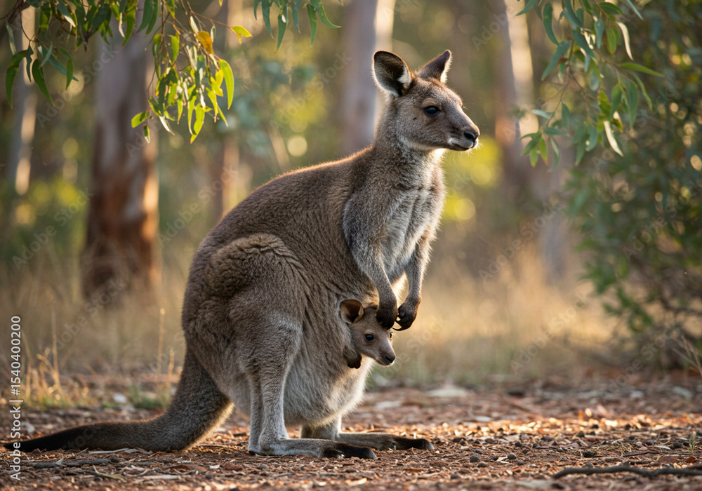 Fototapeta premium Photo of a Kangaroo Mother with Joey in Pouch