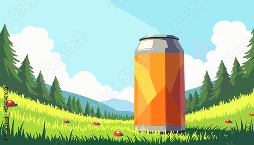 Large orange drink can standing in a green meadow under blue sky  