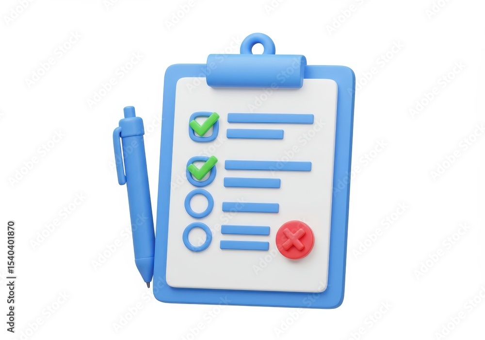 Blue clipboard with checkmarks and a pen, on a white background Blue clipboard with checkmarks and a pen, on a white background