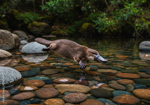 Platypus leaping over rocks in a stream - wildlife photo