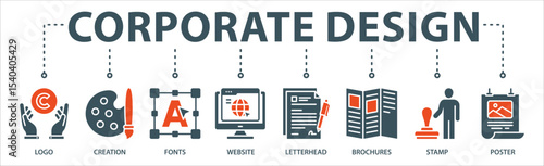 Corporate design banner web icon vector illustration concept with icon of logo, creation, fonts, website, letterhead, brochures, stamp and poster.