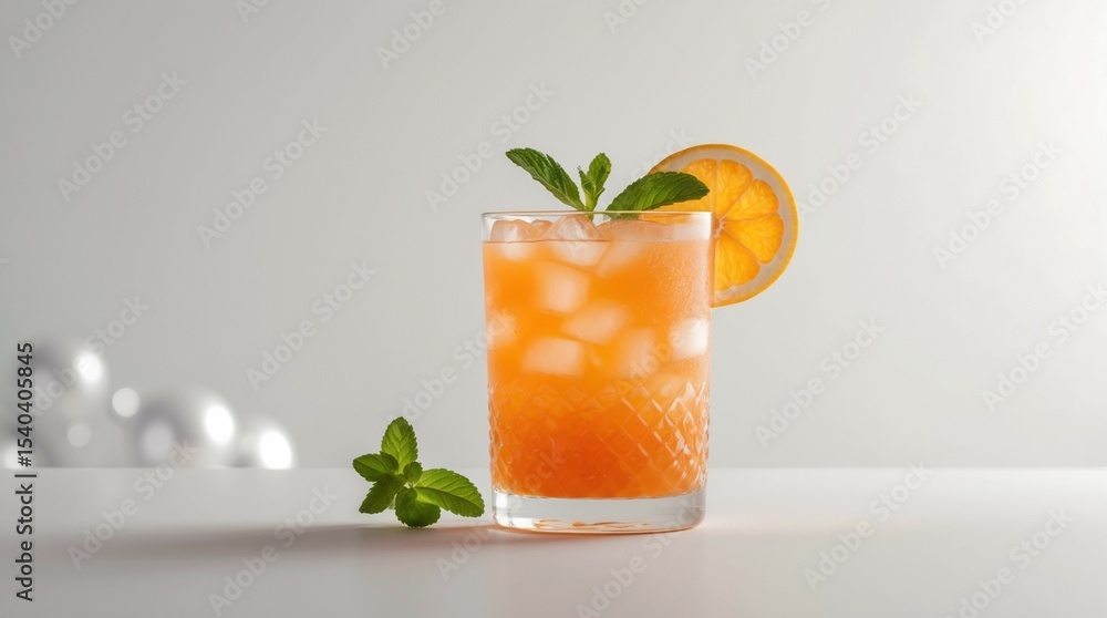 Fototapeta premium Refreshing Orange Drink with Ice and Mint in Glass