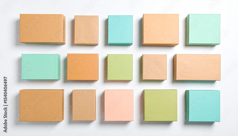 Photo-realistic flat lay of pastel packaging boxes in grid layout on neutral background with soft shadows and matte paper textures for branding mockup
Photo-realistic flat lay of pastel packaging boxes in grid layout on neutral background with soft shadows and matte paper textures for branding mockup