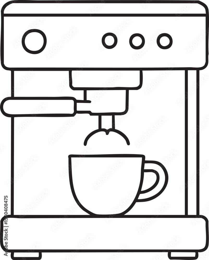 Minimalist Espresso Machine Outline Brewing Coffee into a Cup Simple Black and White Line Art Illustration Minimalist Espresso Machine Outline Brewing Coffee into a Cup Simple Black and White Line Art Illustration