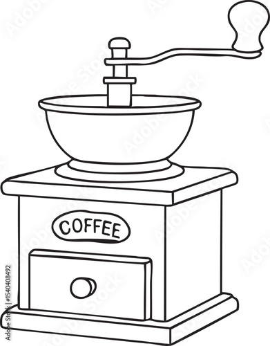 Detailed Line Art Illustration of a Vintage Coffee Grinder with Handle and Drawer for Freshly Ground Coffee Beans