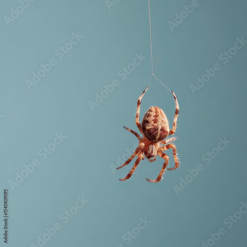 spider dropping down single thread on plain background