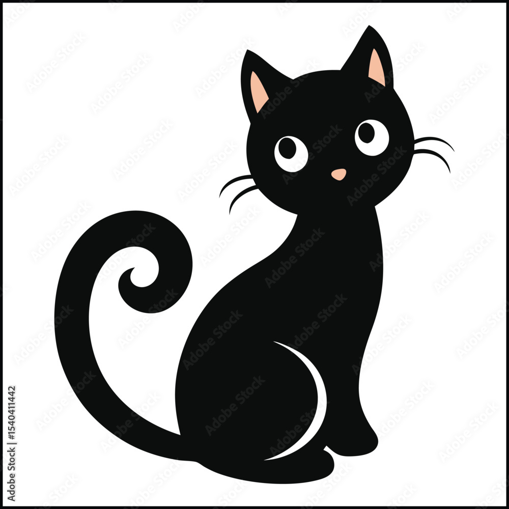 Fototapeta premium Black sitting cat with curled tail