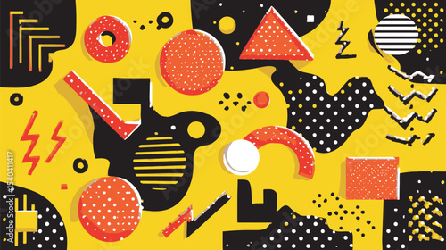 Abstract shapes scatter across colorful geometric backdrop generating visual interest