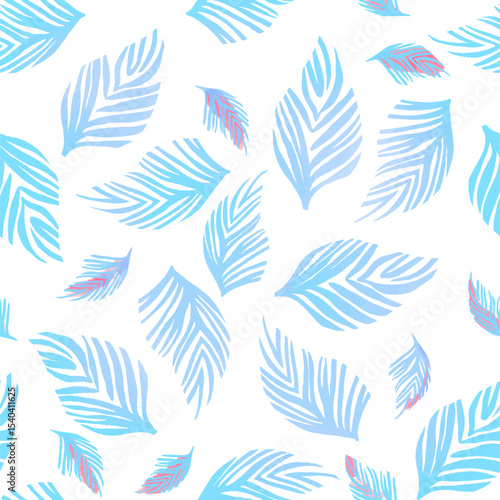 Seamless vector background with blue  leaves on white 