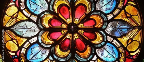 Wallpaper Mural Close up of colorful stained glass rose window with intricate floral pattern, featuring red, blue, yellow, and gold hues, symbolizing religious art and architecture Torontodigital.ca