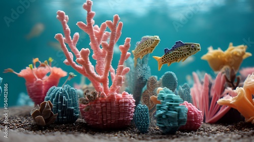 Fototapeta Naklejka Na Ścianę i Meble -  3D-printed coral reef from recycled ocean plastic, robotic fish monitoring growth, turquoise underwater scene