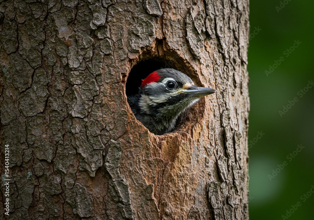 Obraz premium Young Downy Woodpecker Peeking from Tree Hole - Wildlife Photo