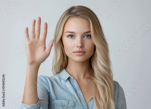 Wallpaper Mural Portrait of a young blonde woman making a stop gesture with her hand, standing against a white background. Portrait of a beautiful blonde girl showing her palm to say no and screening people, Torontodigital.ca