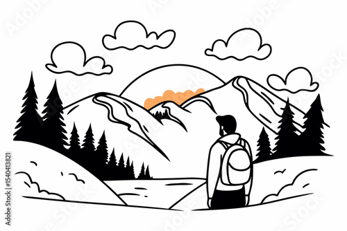 Hiker admiring mountain sunset landscape