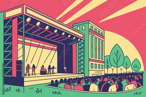 Outdoor concert stage with large crowd and building