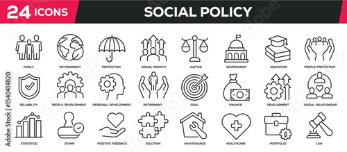Set of collection line icons related social policy, public, government. Editable stroke. Perfect pixel on transparent background