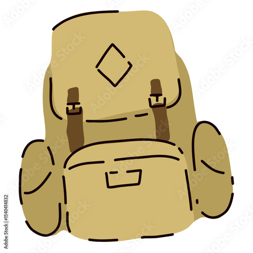A bright vector hiking backpack, large and roomy. vivid events, wildlife. Flat cartoon style. Postcard, icon, sticker.