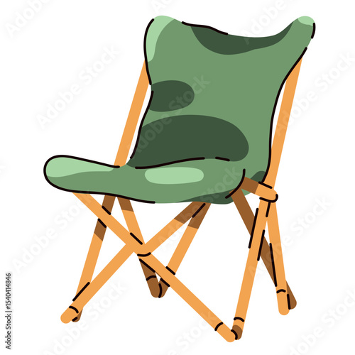 Bright vector folding chair, comfortable to sit in hiking, comfort in the forest. vivid events, wildlife. Flat cartoon style. Postcard, icon, sticker.